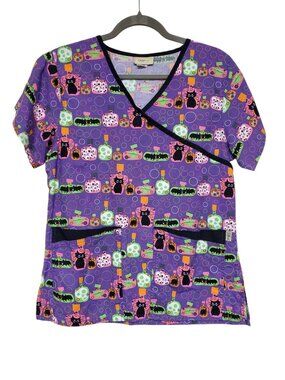 Tafford Women's Purple Halloween Print 2 Pocket Short Sleeve V-neck Scrub Top XL